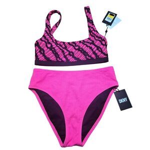New DKNY Womens Medium Pink Black Bikini Set High Waist Bottom